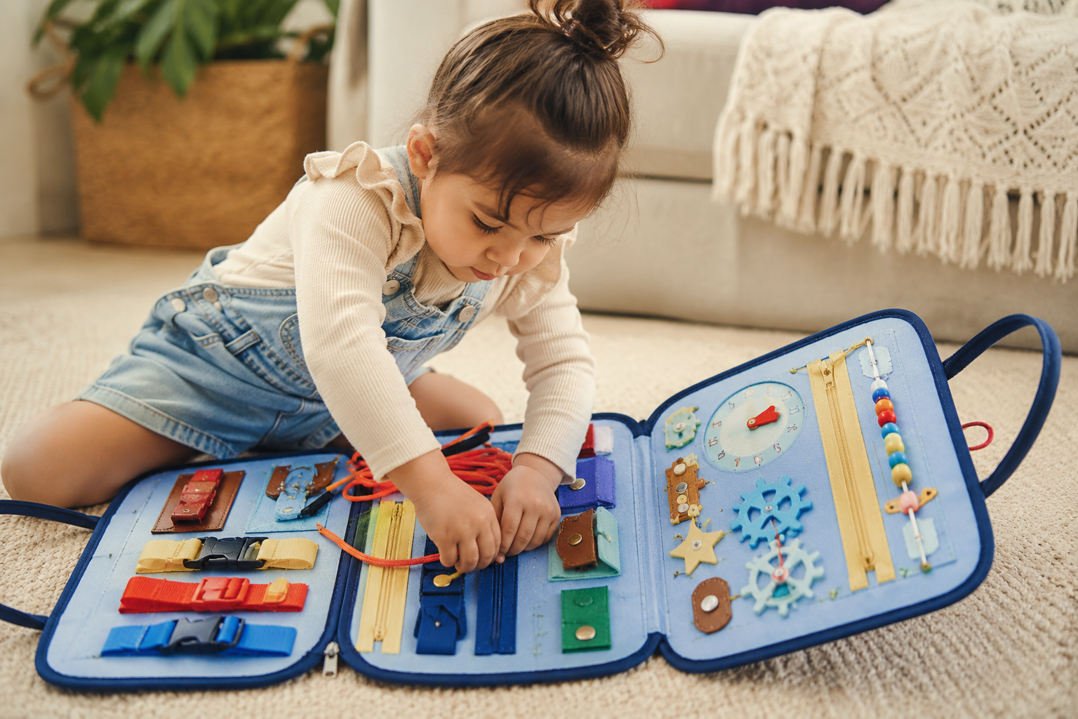 Toddler playing with a busy board for screen-free learning