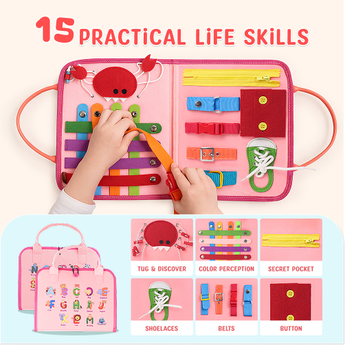 Pink busy board practical life skills